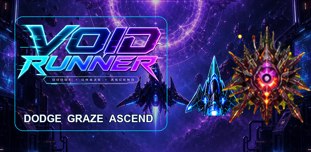 VOID RUNNER promotional art with a neon ship and boss.