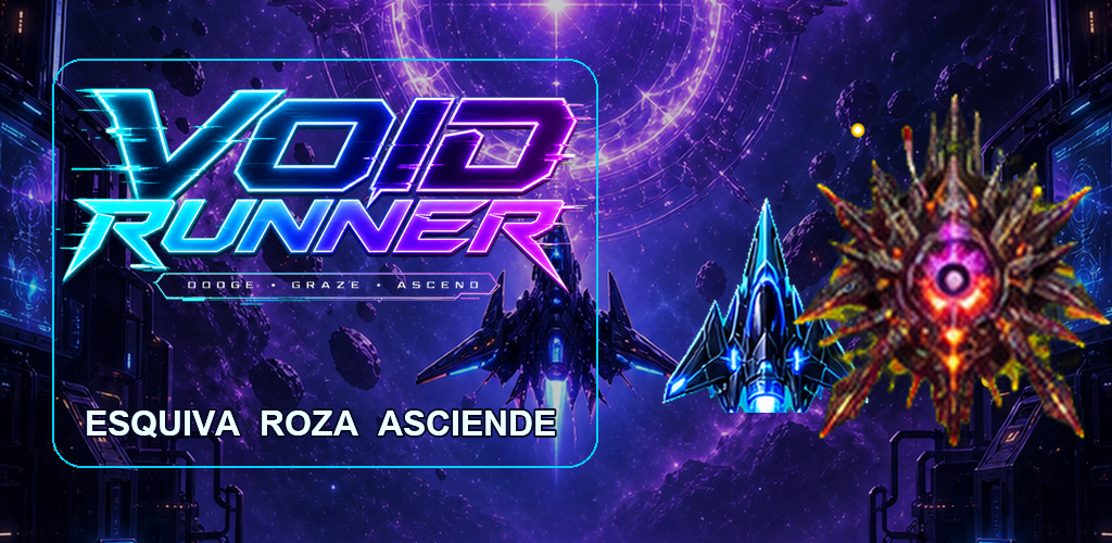 Arte promocional de VOID RUNNER con nave y jefe neón.