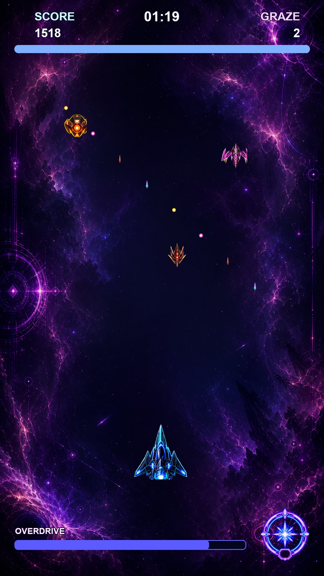 Gameplay screenshot with the ship dodging enemy bullets.